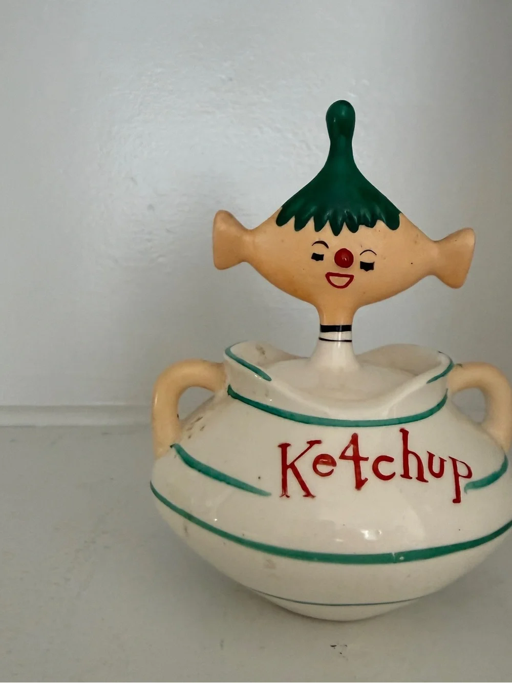 Vintage Ketchup Ceramic Cruet with Figurine Top - Cream, Green, Red - Picture 2 of 5